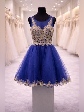 Royal Blue Gold Lace Fit & Flare Party Dress - Size M